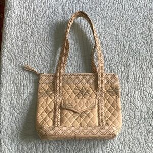 Tan and Green Quilted Shoulder Bag with Structured Design